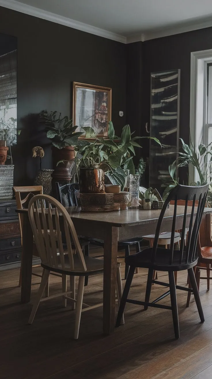 A thrifted dining table anchors this colorful dining room, a testament to eclectic dining done right. Mismatched dining table and chairs add to the funky dining room ideas, creating a cosy dining area with a vintage dining room aesthetic.  The dark eclectic dining room feels surprisingly warm and inviting.