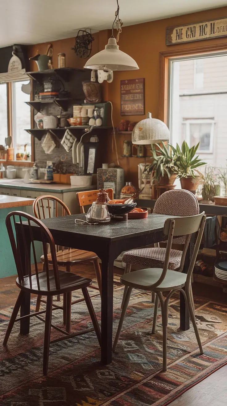 This dark eclectic dining room boasts a mismatched dining table and chairs, a testament to the beauty of thrifted finds.  The eclectic dining experience is enhanced by the cosy dining area and colorful, funky dining room ideas, creating a truly unique vintage dining room aesthetic.