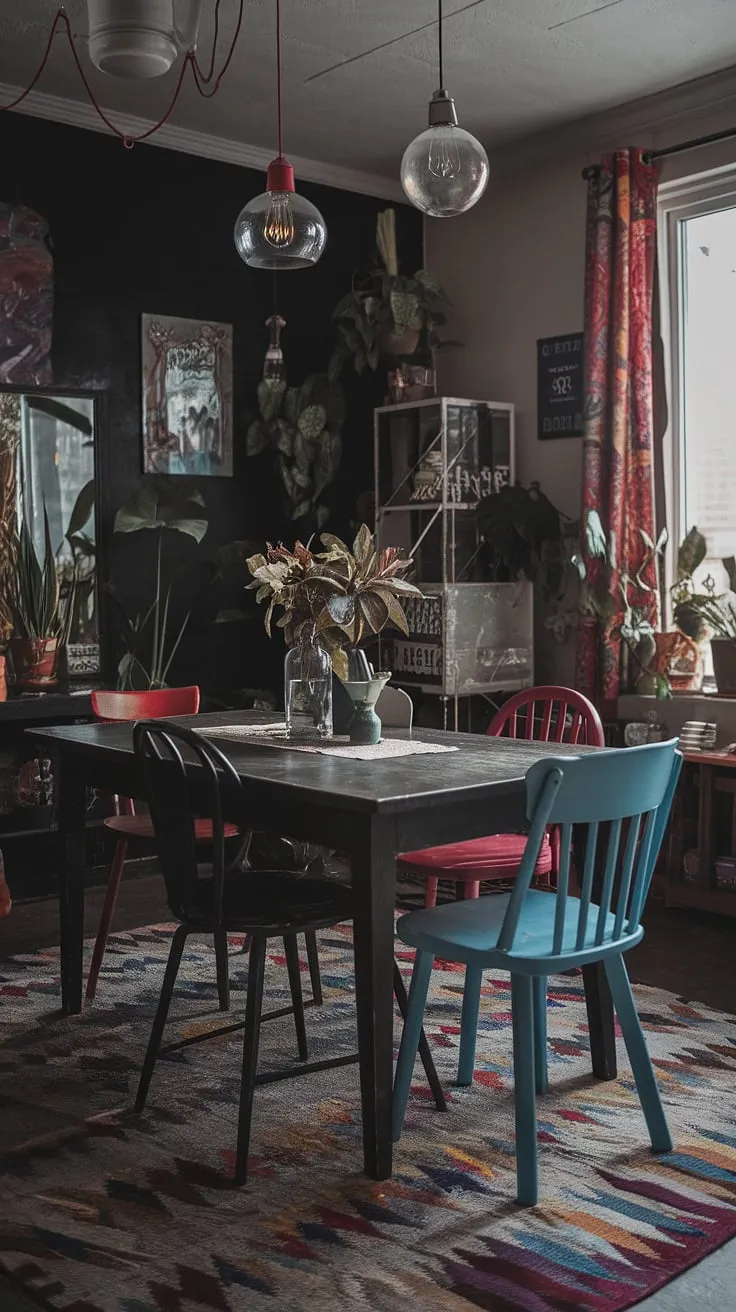 A thrifted dining table anchors this colorful dining room, its mismatched chairs adding to the eclectic eat-in kitchen's funky dining room ideas. The vintage dining room aesthetic creates a cosy dining area perfect for eclectic dining.