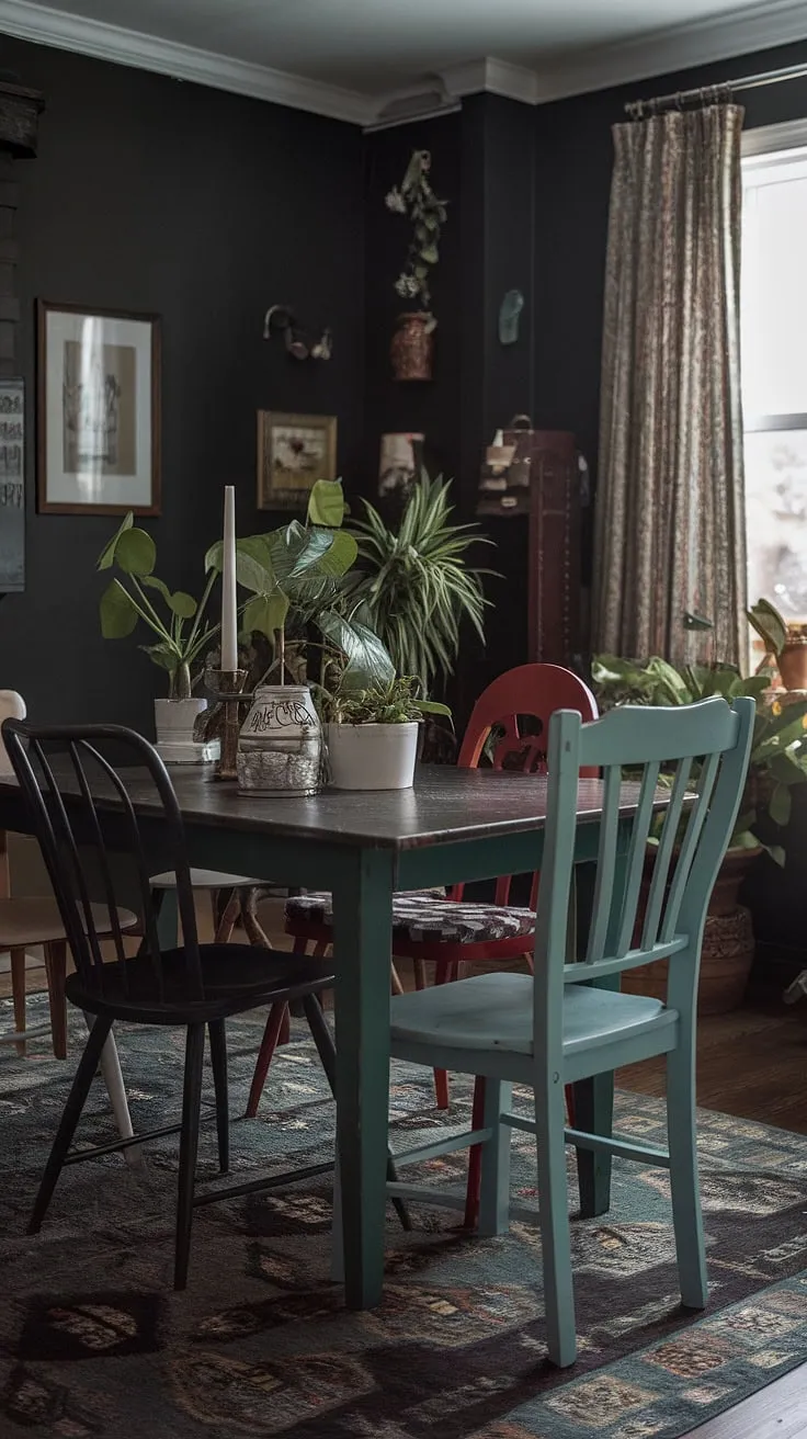 A thrifted dining table anchors this colorful dining room, its mismatched chairs adding to the eclectic eat-in kitchen's funky dining room ideas.  The vintage dining room aesthetic creates a cosy dining area perfect for eclectic dining.