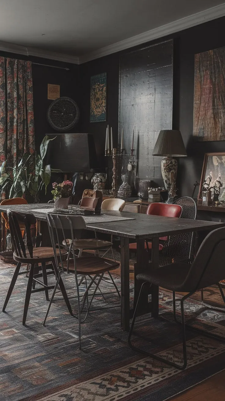 This eclectic eat-in kitchen, with its dark eclectic dining room feel, is a feast for the eyes.  A thrifted dining table, paired with mismatched dining chairs, creates a cosy dining area brimming with vintage dining room aesthetic.  The colorful dining room and funky dining room ideas showcase the joy of eclectic dining, proving that sometimes, mismatched is magnificent.