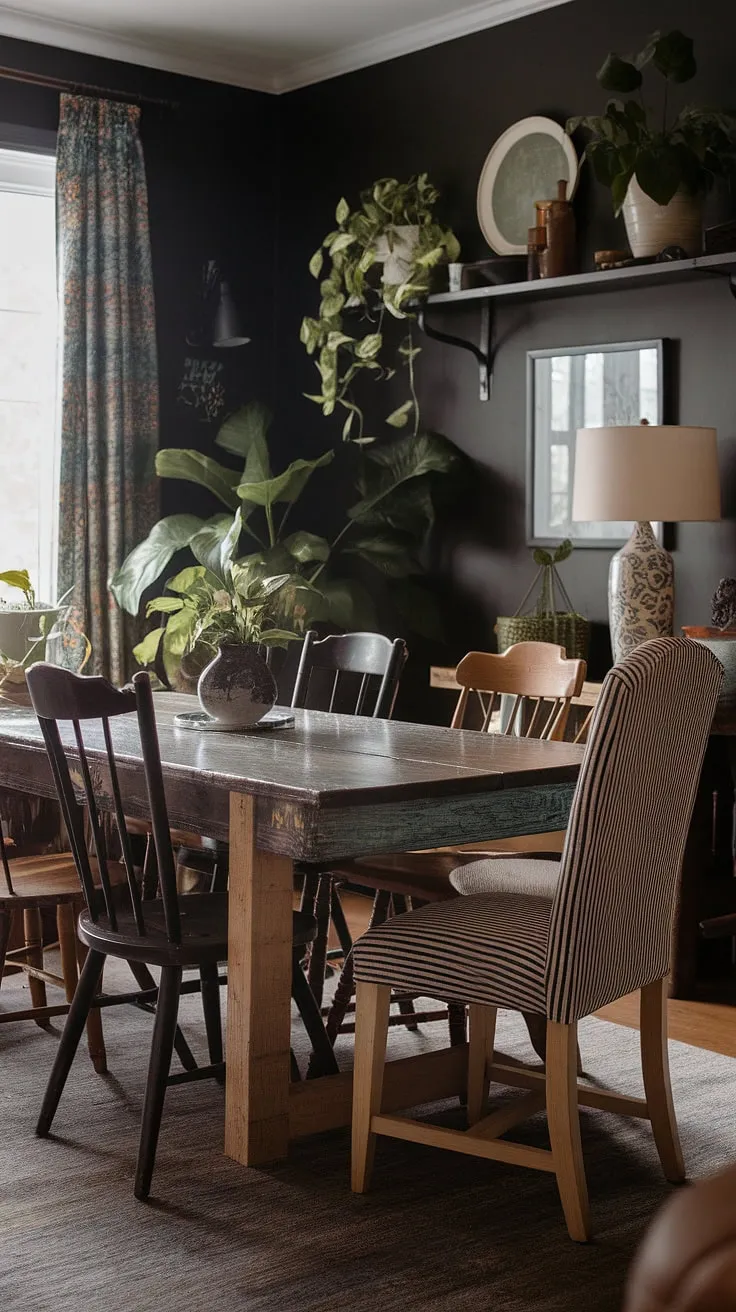 This eclectic eat-in kitchen, with its dark eclectic dining room feel, is a feast for the eyes.  A thrifted dining table, paired with mismatched dining chairs, creates a cosy dining area brimming with vintage dining room aesthetic.  The colorful dining room and funky dining room ideas showcase the joy of eclectic dining – a space where personality shines through every mismatched piece.