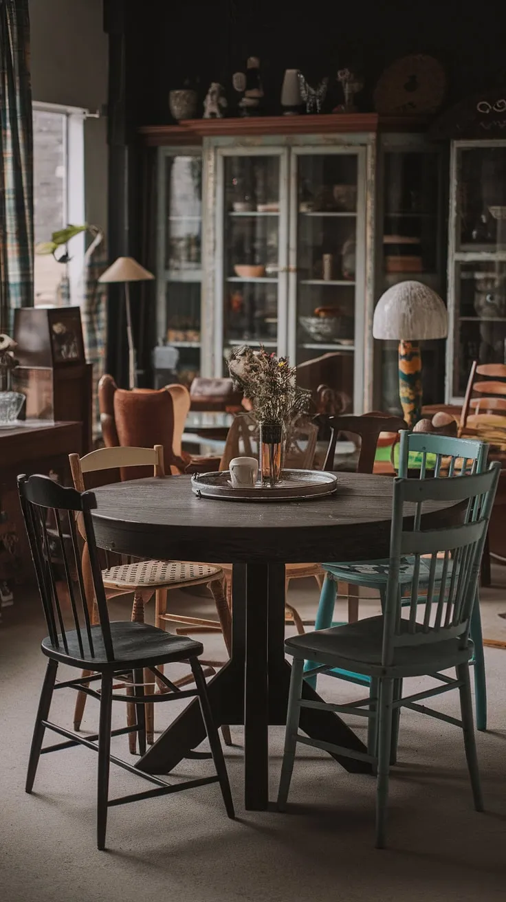 A thrifted dining table anchors this colorful dining room, its mismatched chairs adding to the eclectic eat-in kitchen's funky dining room ideas.  The vintage dining room aesthetic creates a cosy dining area perfect for eclectic dining.