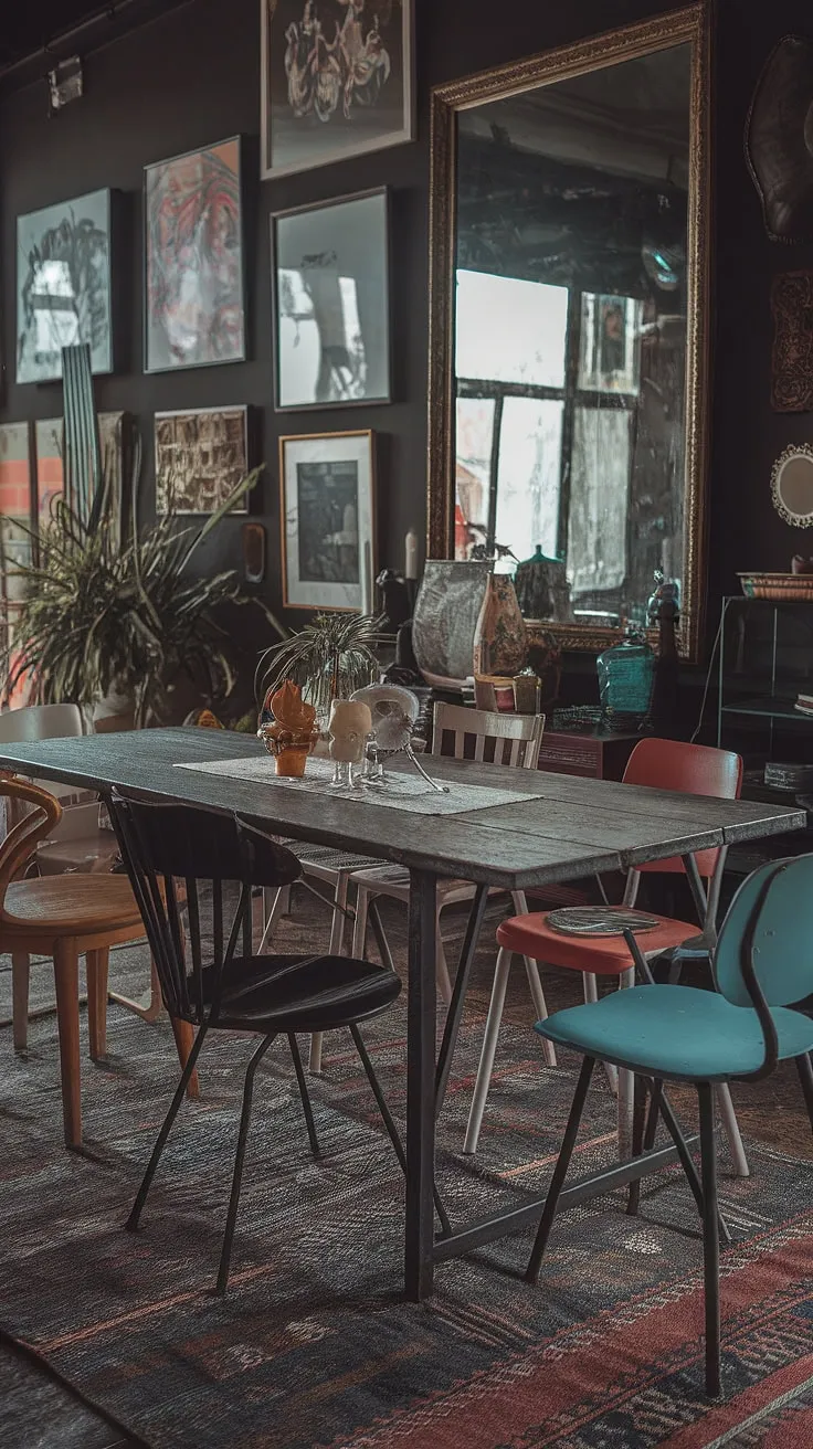 A cosy dining area doesn't have to be boring! This eclectic dining room proves that a thrifted dining table and mismatched chairs can create a unique and stylish space.  The dark eclectic dining room's vintage dining room aesthetic is elevated by pops of color, making it the perfect spot for eclectic eat-in kitchen meals.