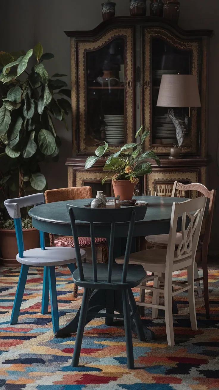 This cosy dining area showcases the beauty of a mismatched dining table and chairs, proving that eclectic dining can be both stylish and comfortable.  The dark eclectic dining room's vintage dining room aesthetic is enhanced by the colorful dining room's funky dining room ideas and thrifted finds, creating an unforgettable eclectic eat-in kitchen experience.