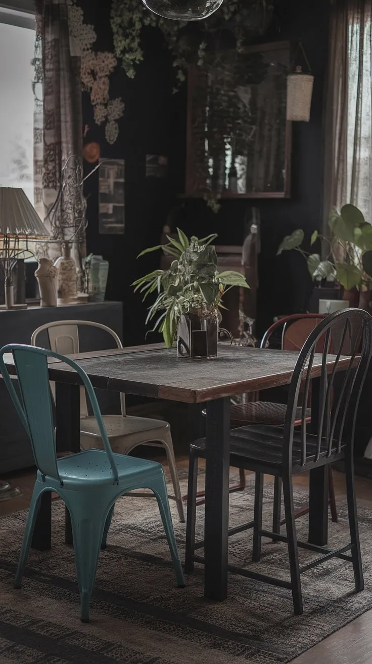 This dark eclectic dining room, with its thrifted dining table and mismatched dining table and chairs, proves that a cosy dining area can be both funky and stylish.  The vintage dining room aesthetic is complete with colorful dining room accents and a touch of eclectic eat-in kitchen charm.
