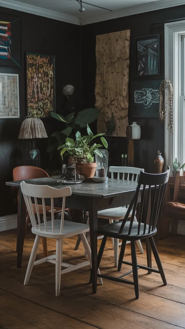This cosy dining area showcases the beauty of a mismatched dining table and chairs, a perfect example of eclectic eat-in kitchen design. The dark eclectic dining room's vintage dining room aesthetic is enhanced by the colorful dining room's funky dining room ideas, resulting in an unforgettable eclectic dining experience.