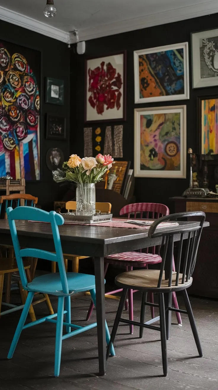 A colorful dining room doesn't have to be predictable. This eclectic dining setup, featuring a thrifted dining table and mismatched chairs in a dark eclectic dining room, showcases the beauty of embracing the unexpected. The result? A funky dining room idea and a cosy dining area brimming with vintage dining room aesthetic charm.