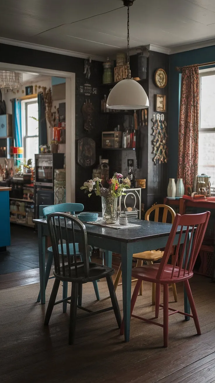 A thrifted dining table anchors this colorful dining room, its mismatched chairs adding to the eclectic eat-in kitchen's funky dining room ideas.  The vintage dining room aesthetic creates a cosy dining area perfect for eclectic dining.