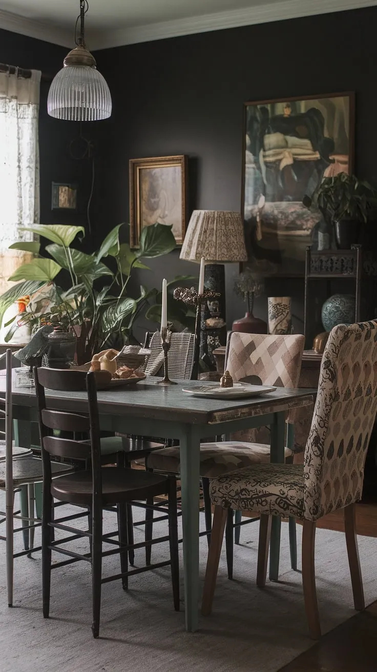 This dark eclectic dining room proves that a cosy dining area can be both stylish and unique.  The thrifted dining table, paired with a mismatched set of chairs, creates a funky dining room brimming with personality.  A vintage dining room aesthetic shines through in the eclectic eat-in kitchen's charming details, from the lampshade to the artwork, resulting in a colorful dining room that's anything but ordinary.