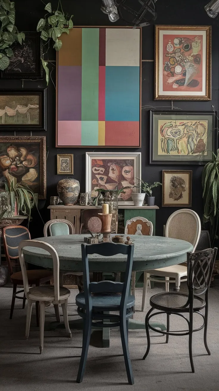 This dark eclectic dining room boasts a mismatched dining table and chairs, a testament to the beauty of thrifted finds.  The eclectic dining experience is enhanced by the cosy dining area and colorful, funky dining room ideas, creating a truly unique vintage dining room aesthetic.
