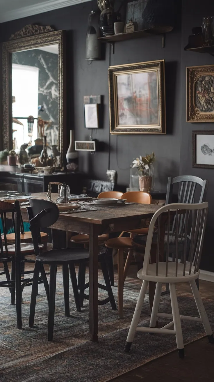 This dark eclectic dining room boasts a mismatched dining table and chairs, a testament to the beauty of thrifted finds.  The result? A cosy dining area brimming with eclectic dining charm and funky dining room ideas, all within a vintage dining room aesthetic.