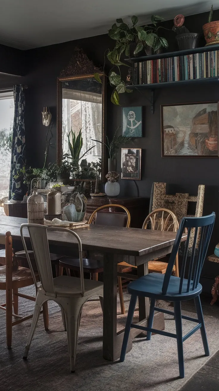 A cosy dining area doesn't have to be matchy-matchy! This eclectic dining room proves that a thrifted dining table and mismatched dining chairs can create a unique and colorful dining room. The dark eclectic dining room's vintage dining room aesthetic is enhanced by the eclectic eat-in kitchen feel.  Plenty of funky dining room ideas are on display here.