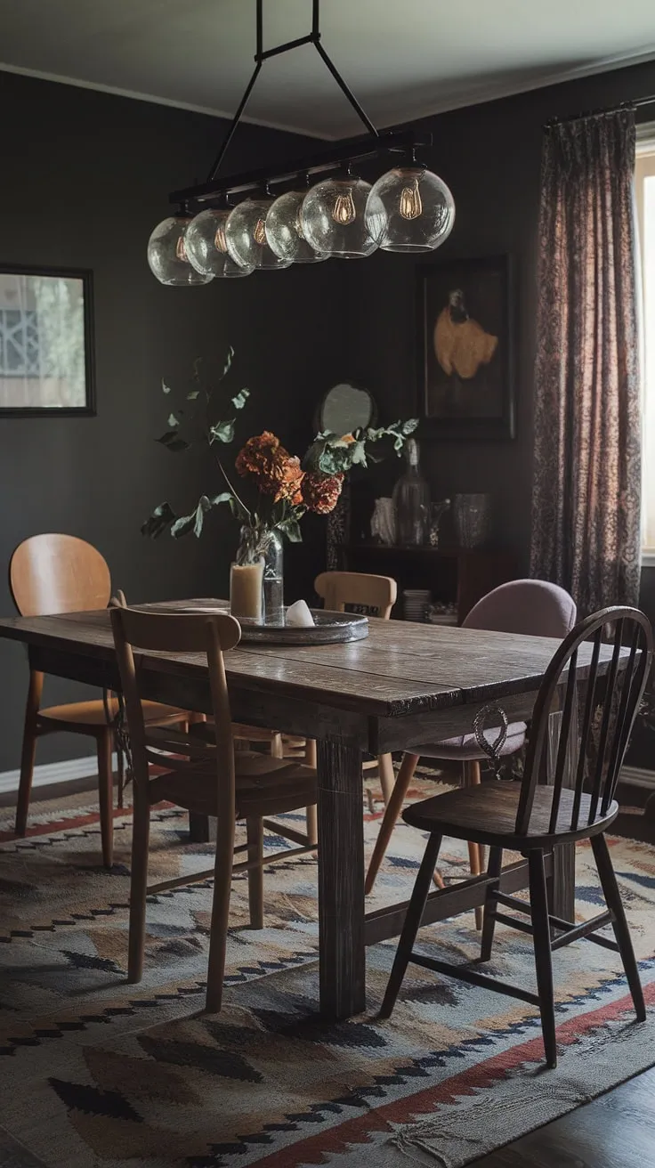 This eclectic eat-in kitchen, with its dark eclectic dining room feel, is a testament to the magic of thrifted finds.  A mismatched dining table and chairs create a cosy dining area brimming with vintage dining room aesthetic and colorful personality.  It's funky dining room ideas brought to life, proving that eclectic dining can be both stylish and inviting.