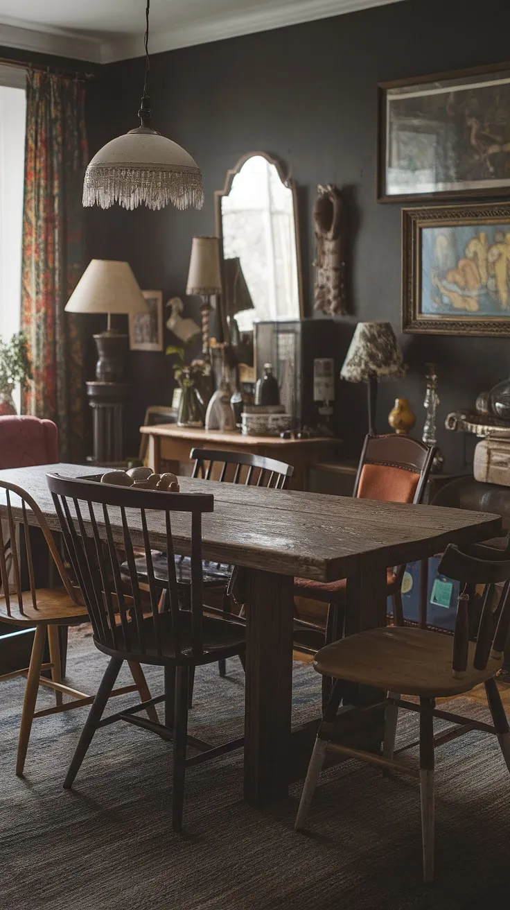 A thrifted dining table anchors this colorful dining room, its mismatched chairs adding to the eclectic eat-in kitchen's funky dining room ideas.  The vintage dining room aesthetic creates a cosy dining area perfect for eclectic dining.