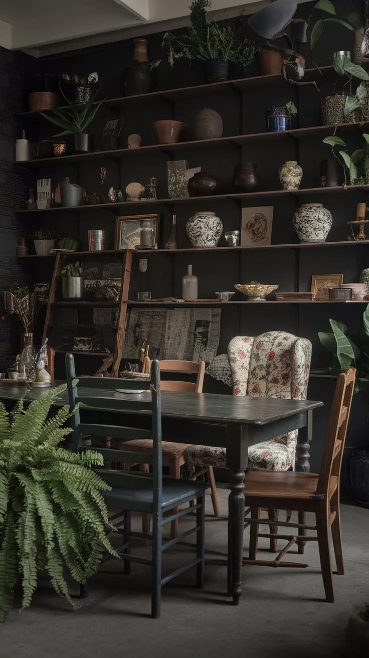 This eclectic eat-in kitchen, with its dark eclectic dining room vibe, is a feast for the eyes.  A thrifted dining table, paired with mismatched dining chairs, creates a cosy dining area brimming with vintage dining room aesthetic.  The colorful dining room and funky dining room ideas showcase the beauty of curated imperfection.  It's eclectic dining at its finest.