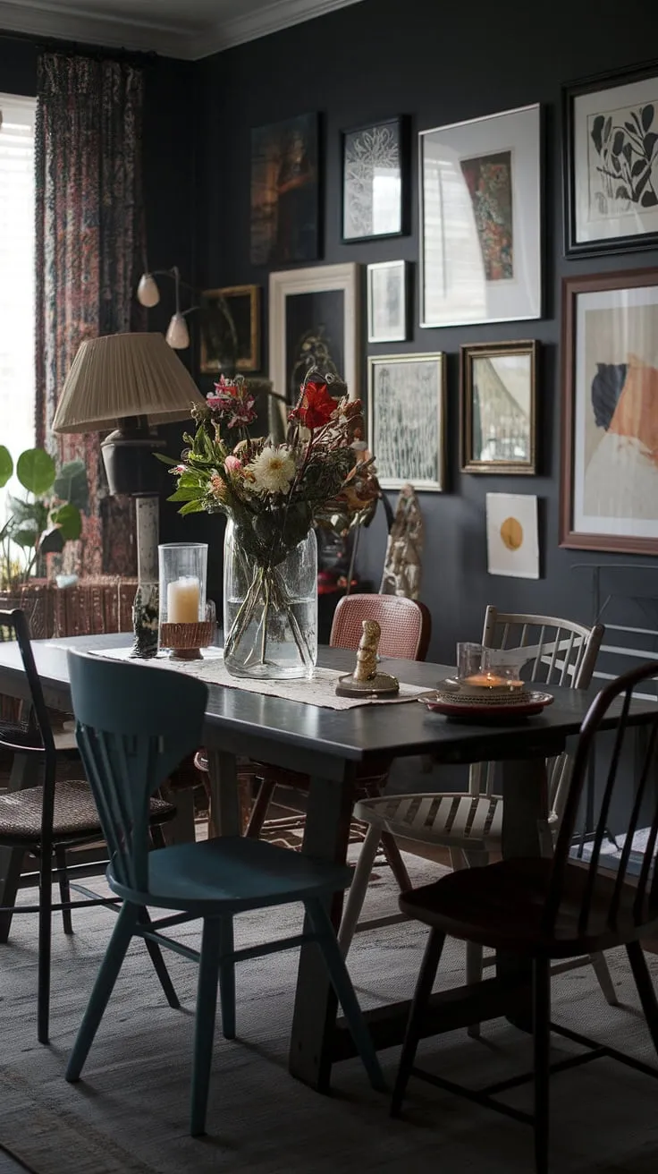 This eclectic eat-in kitchen, with its dark eclectic dining room feel, is a feast for the eyes.  A thrifted dining table, paired with mismatched dining chairs, creates a cosy dining area brimming with vintage dining room aesthetic. The colorful dining room and funky dining room ideas showcase the joy of curated, eclectic dining.