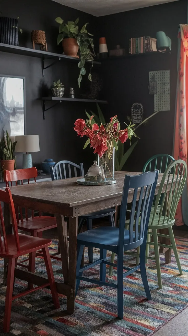 This cosy dining area showcases the beauty of a mismatched dining table and chairs, a perfect example of eclectic eat-in kitchen design. The dark eclectic dining room's vintage dining room aesthetic is enhanced by the colorful dining room's funky dining room ideas, resulting in an unforgettable eclectic dining experience.