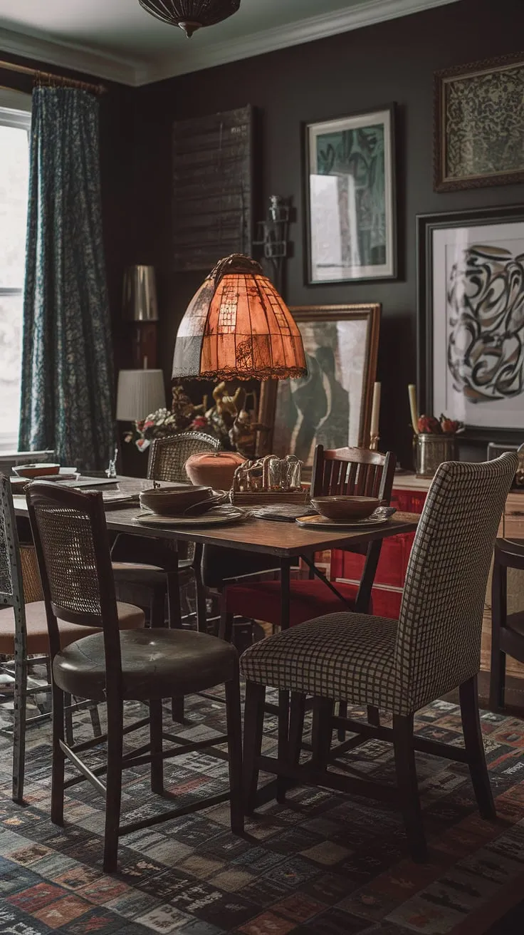 A thrifted dining table anchors this colorful dining room, a testament to eclectic dining at its finest. Mismatched dining table and chairs create a cosy dining area with a funky dining room ideas vibe, showcasing a vintage dining room aesthetic in a dark eclectic dining room and eclectic eat-in kitchen.