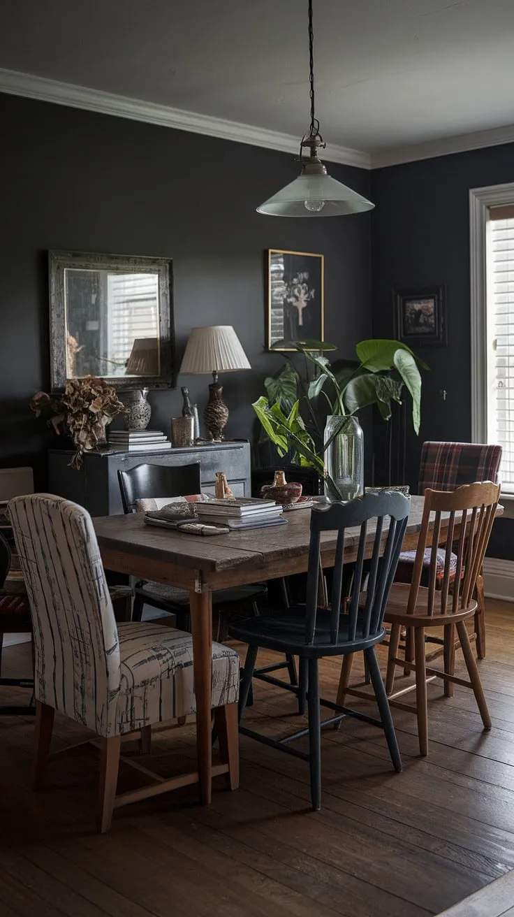 A vintage dining room aesthetic shines in this dark eclectic dining room.  The mismatched dining table and chairs, a testament to thrifted finds, create a colorful dining room and a truly unique eclectic dining experience. This funky dining room idea proves that cosy dining areas can be brimming with personality.