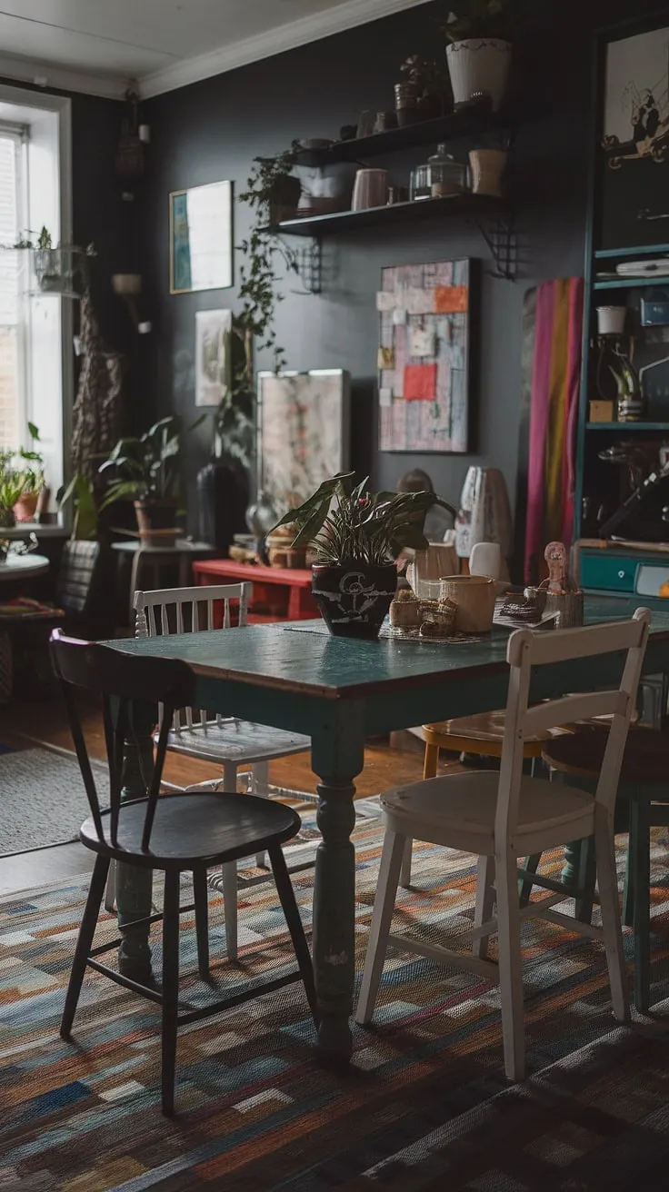 This eclectic eat-in kitchen, with its dark eclectic dining room feel, is a feast for the eyes.  A thrifted dining table, paired with mismatched dining chairs, creates a cosy dining area brimming with vintage dining room aesthetic.  The colorful dining room and funky dining room ideas showcase the joy of eclectic dining.
