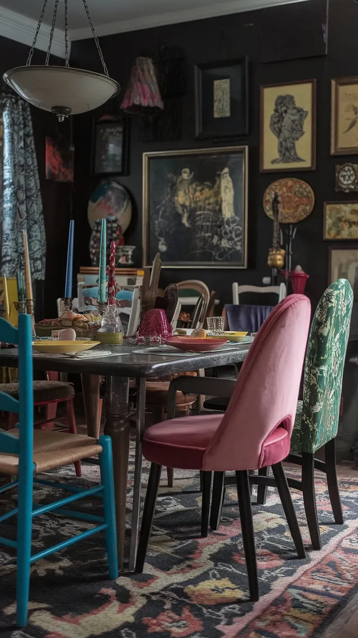 A thrifted dining table anchors this colorful dining room, its mismatched chairs adding to the eclectic eat-in kitchen's funky dining room ideas.  The vintage dining room aesthetic creates a cosy dining area perfect for eclectic dining.