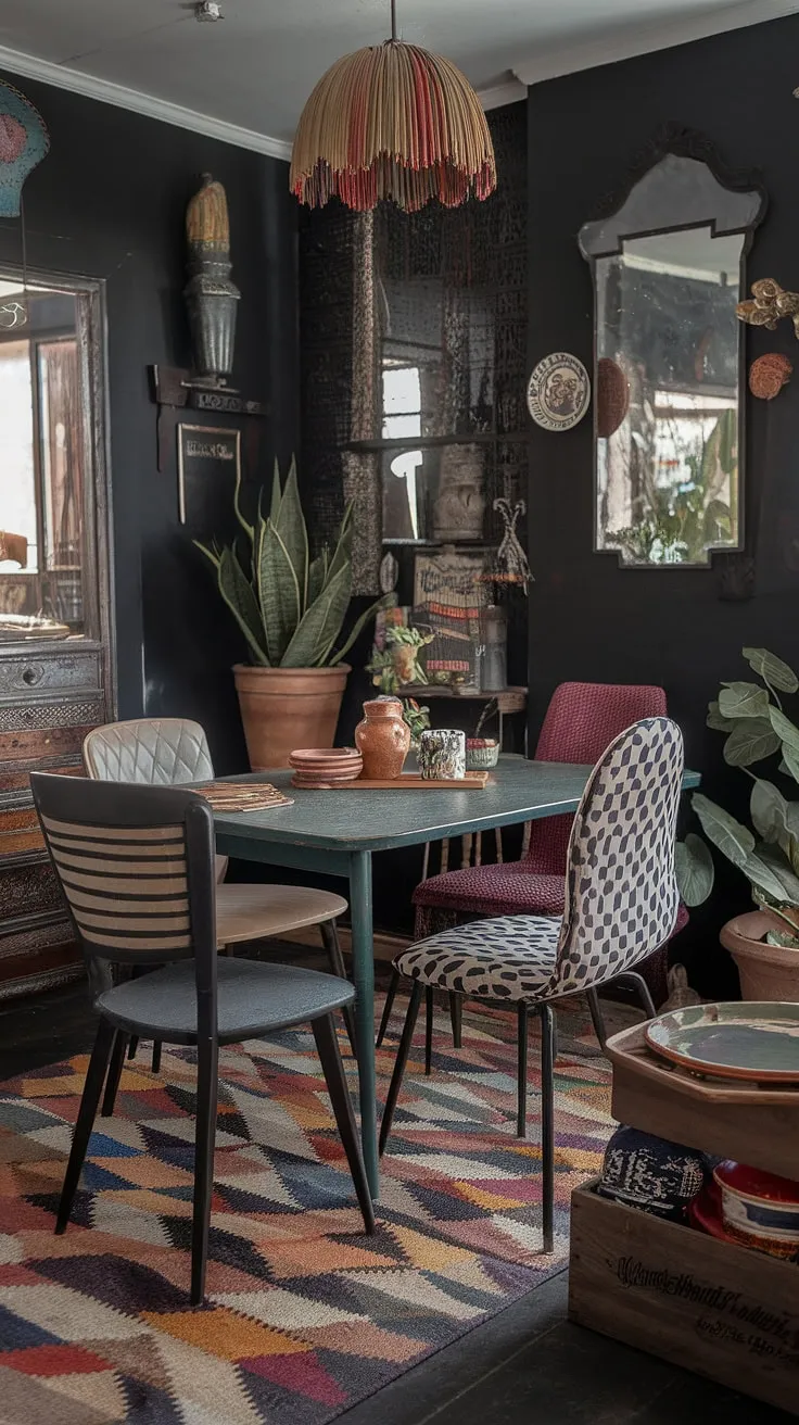 This eclectic eat-in kitchen, with its dark eclectic dining room feel, is a feast for the eyes.  A thrifted dining table, paired with mismatched dining chairs, creates a cosy dining area brimming with vintage dining room aesthetic. The colorful dining room and funky dining room ideas showcase the joy of mismatched charm.