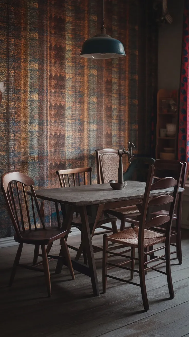 This eclectic eat-in kitchen, with its dark eclectic dining room feel, is a feast for the eyes.  A thrifted dining table, paired with mismatched dining chairs, creates a cosy dining area brimming with vintage dining room aesthetic.  The colorful dining room and funky dining room ideas showcase the joy of eclectic dining, proving that sometimes, mismatched is magnificent.