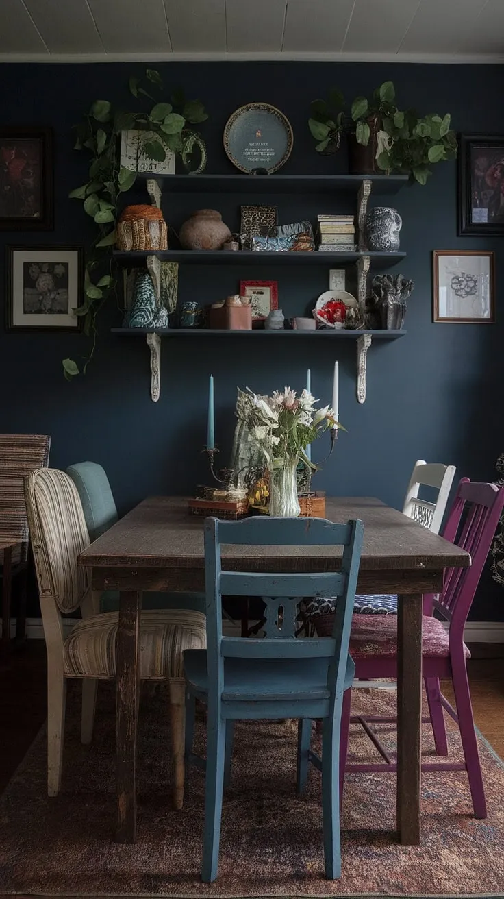 A vintage dining room aesthetic shines in this dark eclectic dining room.  The mismatched dining table and chairs, a thrifted dining table as the centerpiece, create a unique and colorful dining room.  This funky dining room showcases how to achieve a cosy dining area with eclectic dining room ideas.