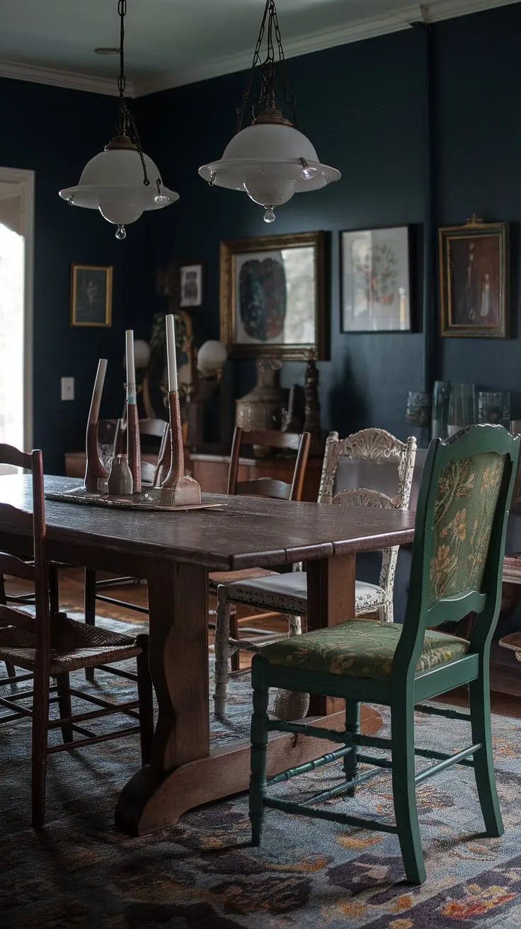 A thrifted dining table anchors this colorful dining room, its mismatched chairs adding to the eclectic eat-in kitchen's funky dining room ideas.  The vintage dining room aesthetic creates a cosy dining area perfect for eclectic dining.