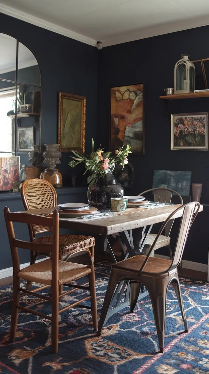This eclectic eat-in kitchen, with its dark eclectic dining room and thrifted dining table, is a feast for the eyes.  The mismatched dining table and chairs create a cosy dining area brimming with vintage dining room aesthetic and funky dining room ideas.  A colorful dining room, perfect for eclectic dining experiences.
