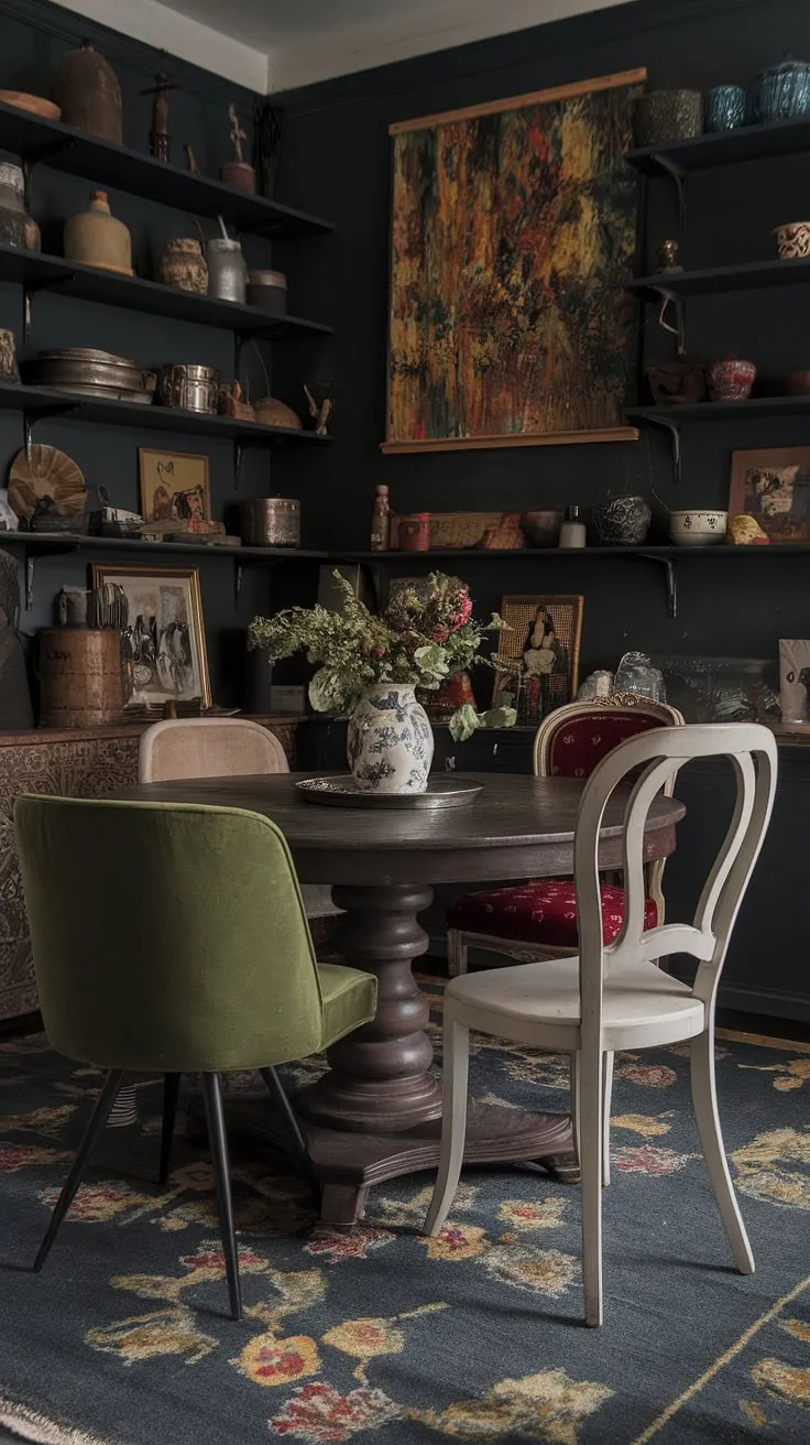 A thrifted dining table anchors this colorful dining room, its mismatched chairs adding to the eclectic eat-in kitchen's funky dining room ideas.  The vintage dining room aesthetic creates a cosy dining area perfect for eclectic dining.