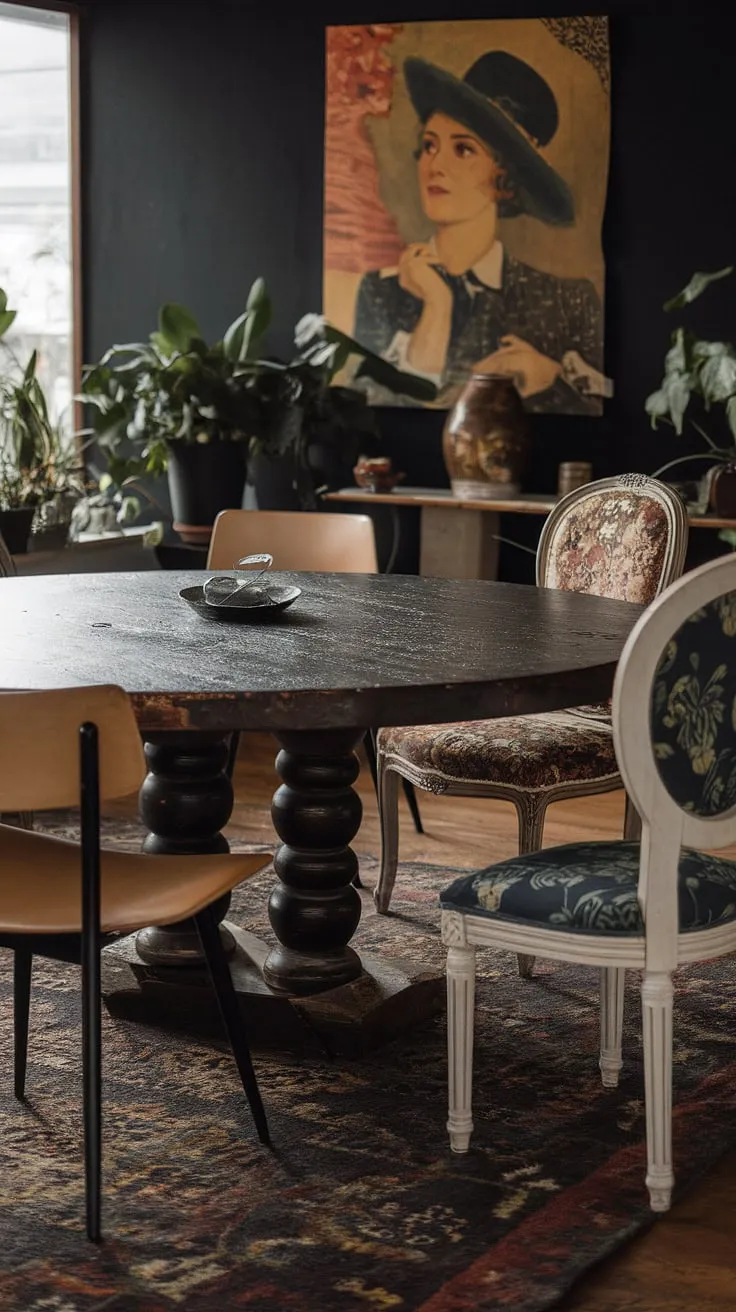 A vintage artwork watches over this eclectic dining space, where a mismatched collection of chairs surrounds a thrifted dining table.  The dark eclectic dining room feels surprisingly warm and inviting, a testament to the power of mixing styles to create a truly unique and colorful dining room.  This funky dining room showcases the beauty of a cosy dining area built with eclectic eat-in kitchen charm.