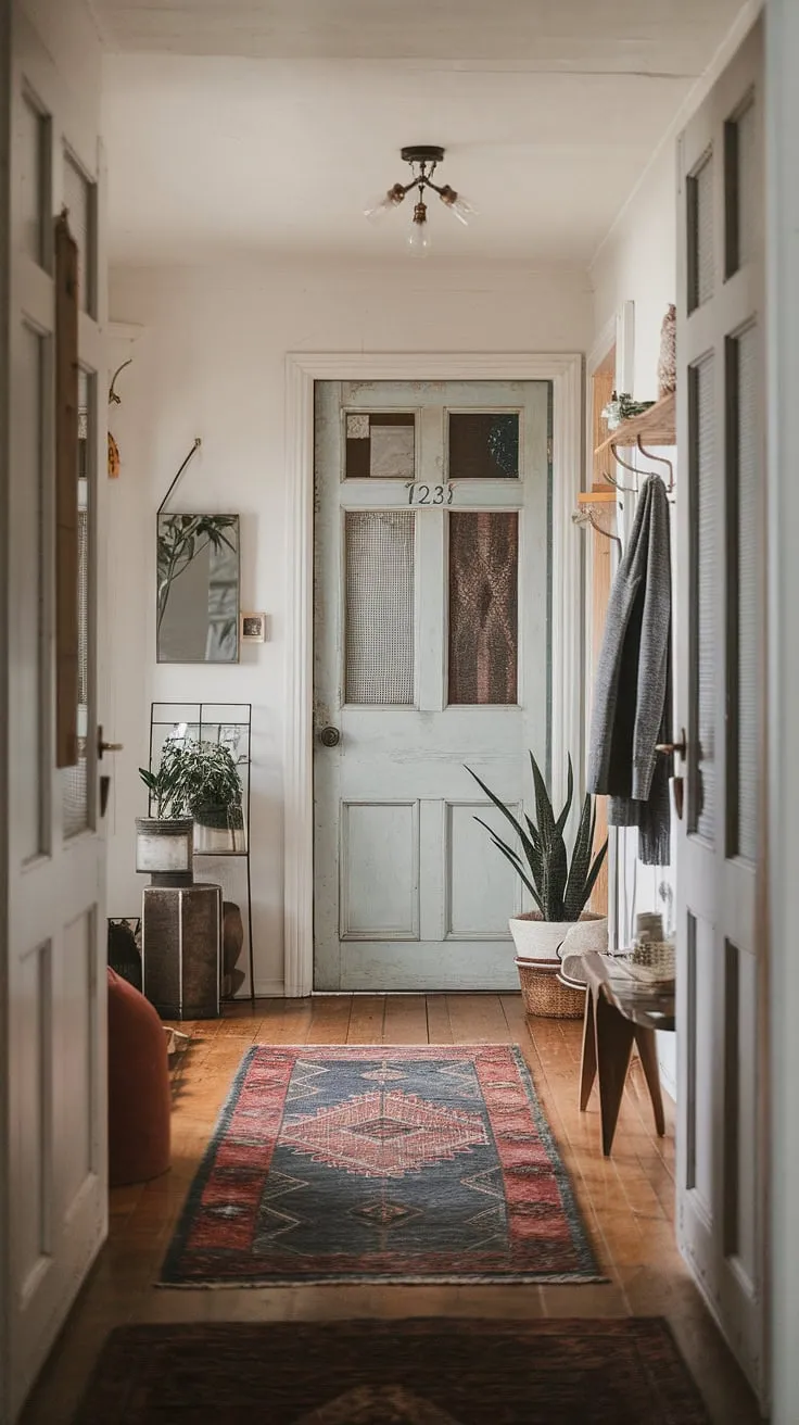 This hallway transformation showcases the beauty of minimalist eclectic decor in a small hallway design.  Vintage interior doors and a carefully chosen hallway rug create a captivating focal point, complemented by natural hallway decor and eclectic hallway design elements.  Find inspiration for your own entry hallway ideas with this stunning eclectic entryway.