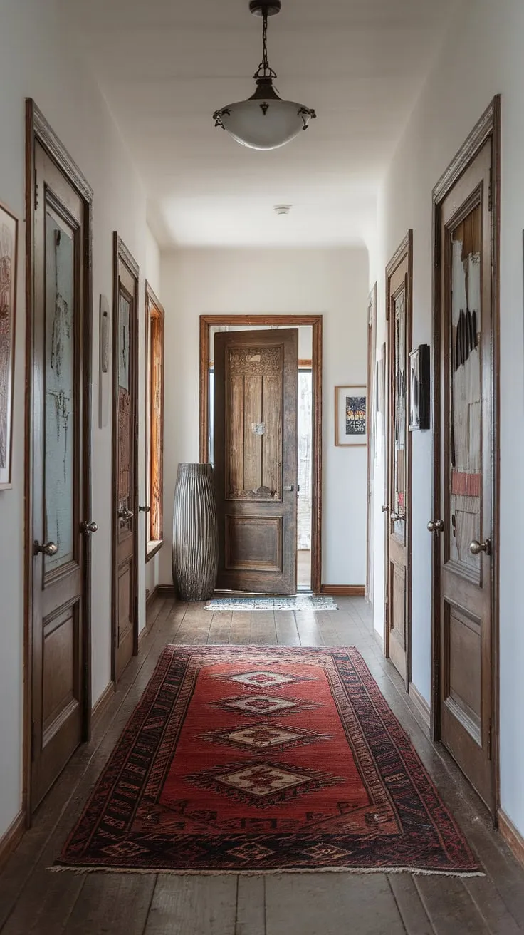 A small hallway design, dramatically enhanced! This hallway transformation uses vintage interior doors and a striking hallway rug to create an eclectic entryway.  Natural hallway decor and a few carefully chosen art pieces complete the look, offering fresh entry hallway ideas and showcasing the beauty of minimalist eclectic decor.