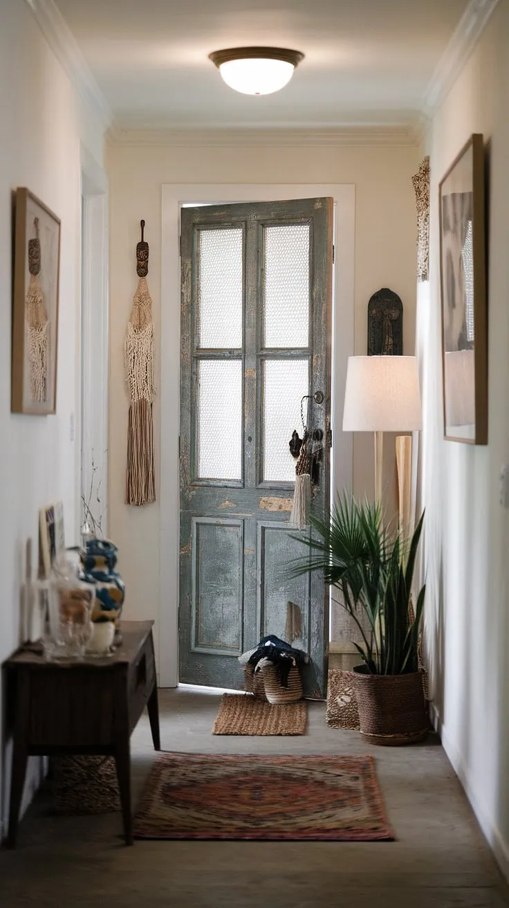 A hallway transformation doesn't require vast space. This small hallway design proves that with eclectic entryway ideas, like a vintage interior door and natural hallway decor, even a narrow entry hallway can become a stylish statement.  The hallway rug and minimalist eclectic decor complete the look.