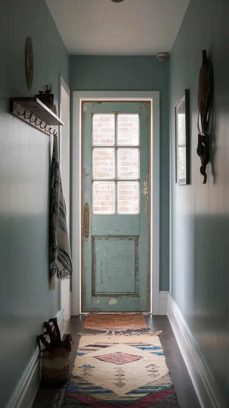 This eclectic entryway, a testament to small hallway design ingenuity, showcases a hallway transformation achieved with a vintage interior door, natural hallway decor, and a thoughtfully chosen hallway rug.  The minimalist eclectic decor creates a surprisingly spacious feel.