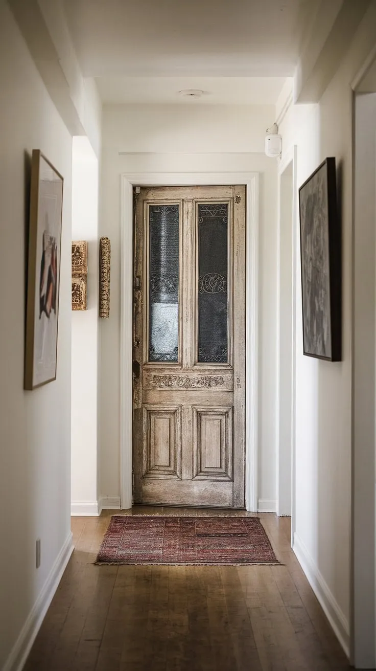 This eclectic entryway, a testament to small hallway design ingenuity, showcases a hallway transformation achieved with a vintage interior door, natural hallway decor, and a thoughtfully chosen hallway rug.  The minimalist eclectic decor creates a surprisingly spacious feel.