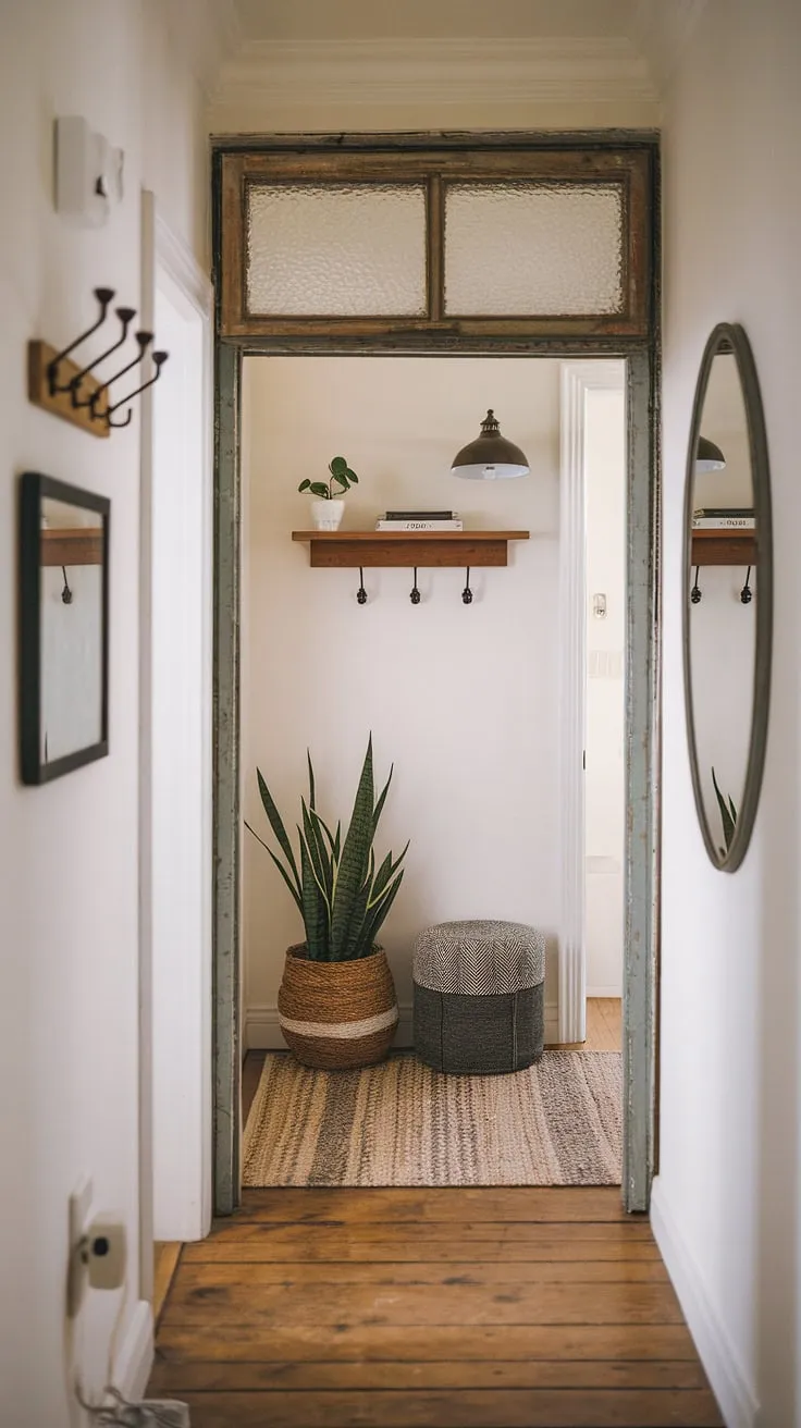 This entry hallway ideas showcase a stunning hallway transformation.  A vintage interior door anchors the eclectic hallway design, while a minimalist eclectic decor and thoughtful touches like a hallway rug and potted plant create a welcoming atmosphere.  The small hallway design is a masterclass in maximizing space and showcasing personal style with natural hallway decor.