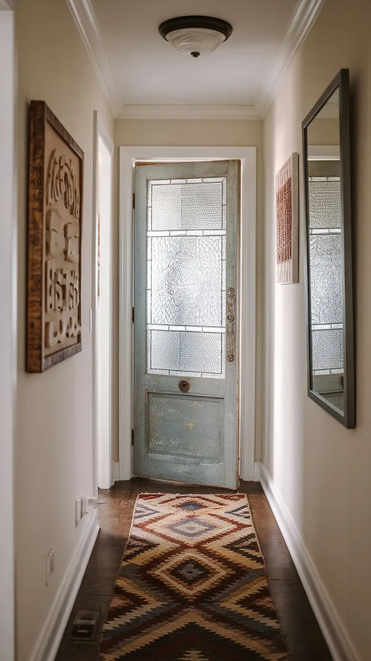 This small hallway design proves that even limited space can make a statement.  A vintage interior door anchors this eclectic entryway, while a geometric hallway rug and carefully chosen wall art complete the minimalist eclectic decor.  Find inspiration for your own hallway transformation with these entry hallway ideas and hallway rug ideas, all embracing natural hallway decor and eclectic hallway design.