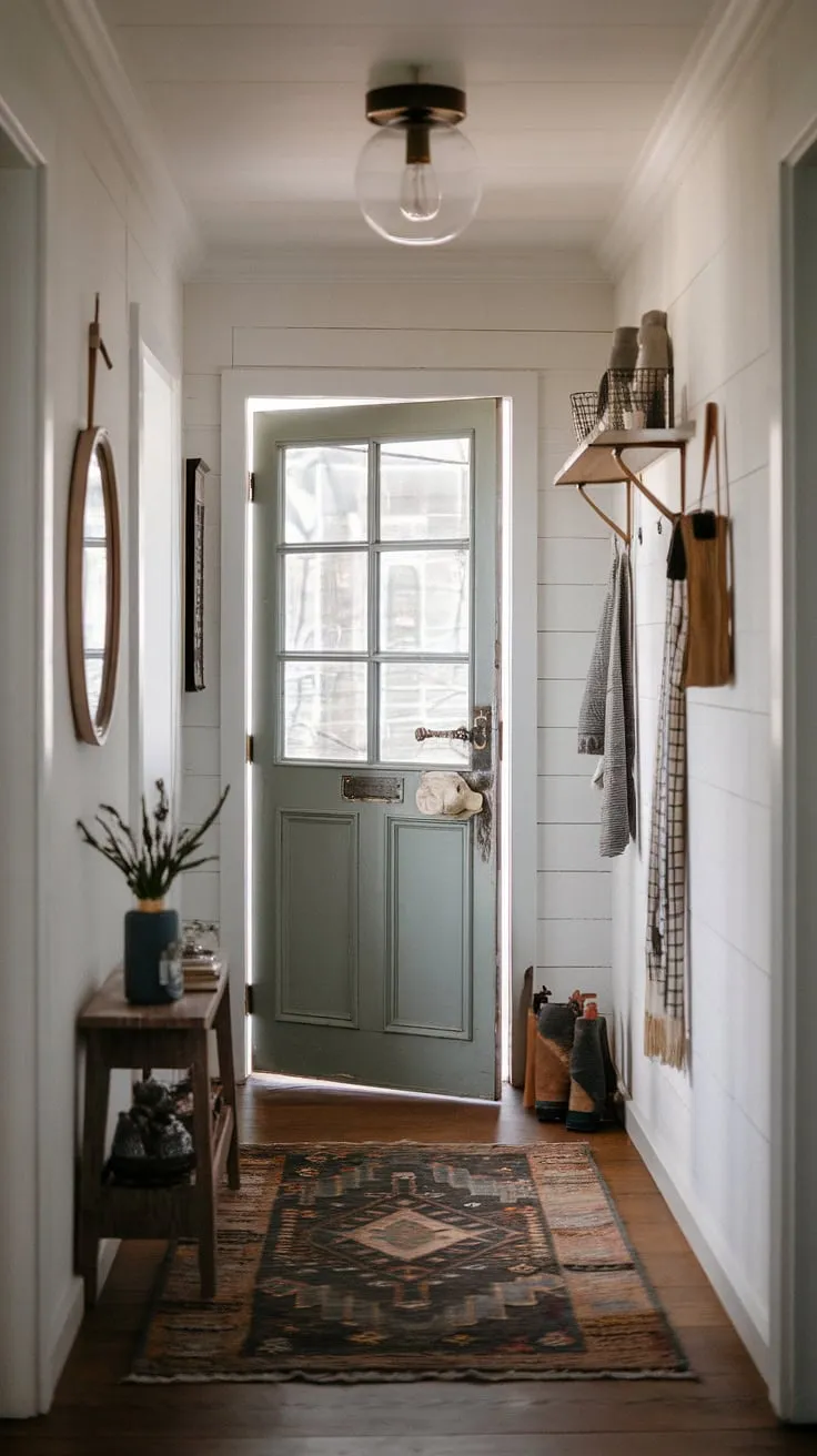 This eclectic entryway proves that even a small hallway can make a grand statement.  The hallway transformation is complete thanks to a carefully chosen hallway rug, vintage interior doors, and a touch of minimalist eclectic decor.  These entry hallway ideas showcase how natural hallway decor and a curated collection of pieces can create a welcoming and stylish space.