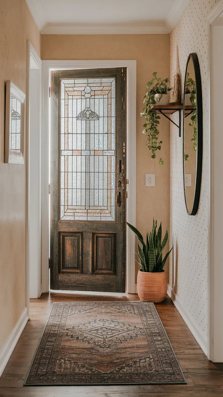 This eclectic entryway boasts a hallway transformation achieved with minimalist eclectic decor, showcasing clever small hallway design and inspiring hallway rug ideas.  Vintage interior doors add character to this natural hallway decor, creating an unexpectedly spacious and stylish entry hallway.