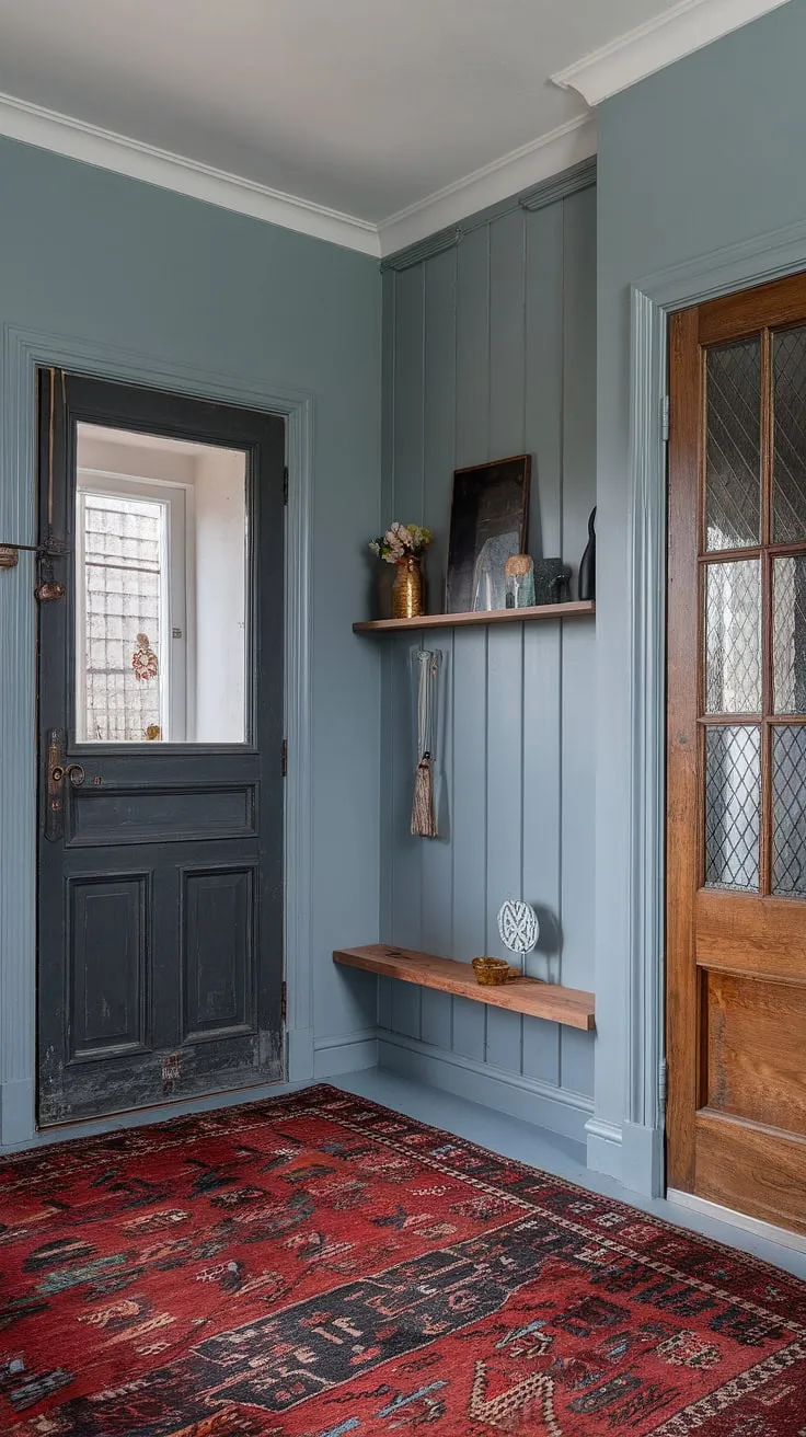 This small hallway design proves that big style comes in small packages.  Our entry hallway ideas focus on creating a welcoming atmosphere with an eclectic entryway.  Vintage interior doors and natural hallway decor create a unique blend of minimalist eclectic decor and vintage charm. The hallway rug ideas are key to tying the space together, while the soft blue walls provide a calming backdrop.  A perfect example of a hallway transformation.