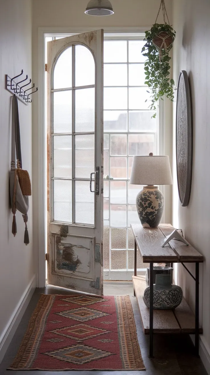 This eclectic entryway, a testament to small hallway design ingenuity, showcases a hallway transformation achieved with a vintage interior door, natural hallway decor, and a thoughtfully chosen hallway rug.  The minimalist eclectic decor creates a surprisingly spacious feel.