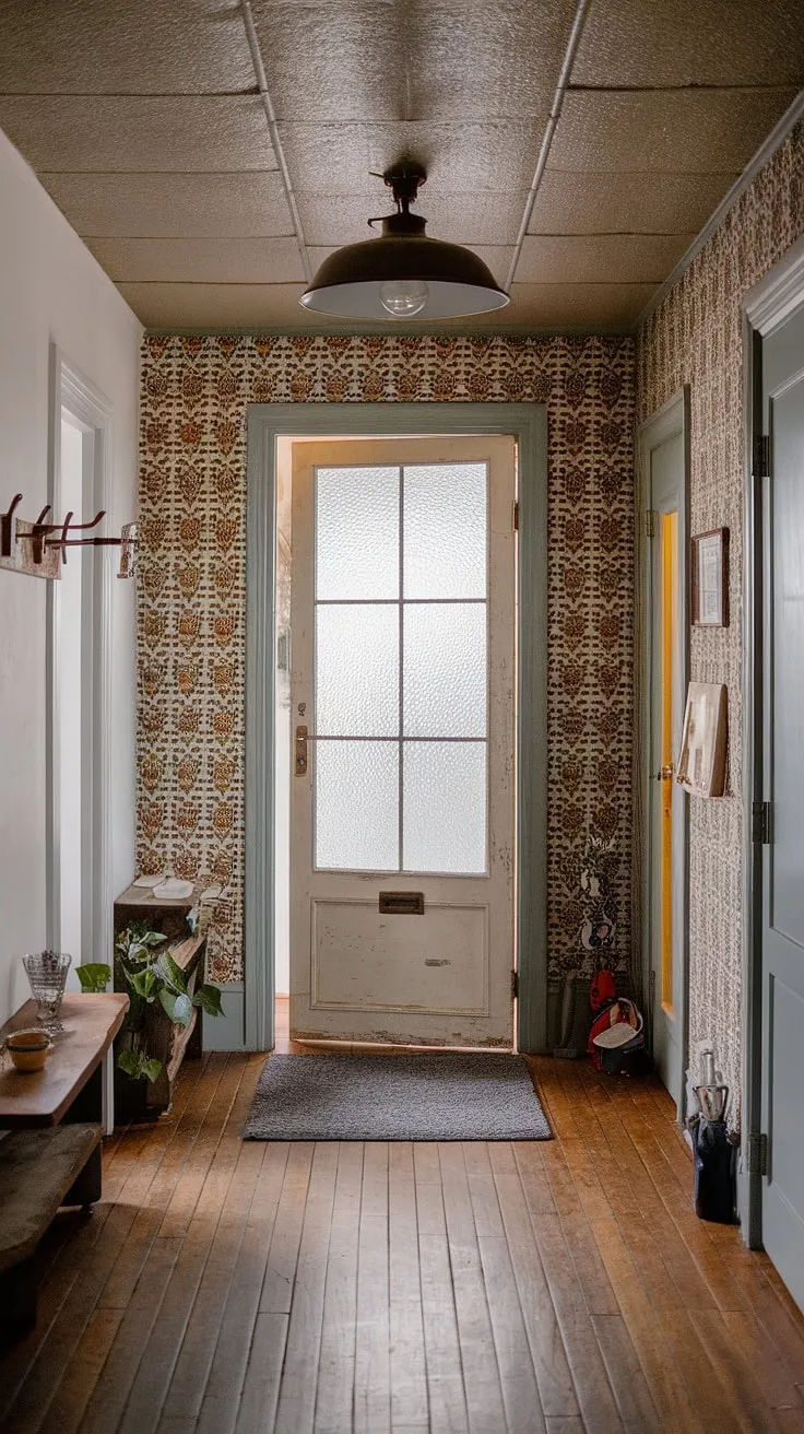 This eclectic entryway, a testament to small hallway design ingenuity, showcases a hallway transformation achieved with minimalist eclectic decor.  Vintage interior doors and a carefully chosen hallway rug anchor the natural hallway decor, offering a wealth of entry hallway ideas.