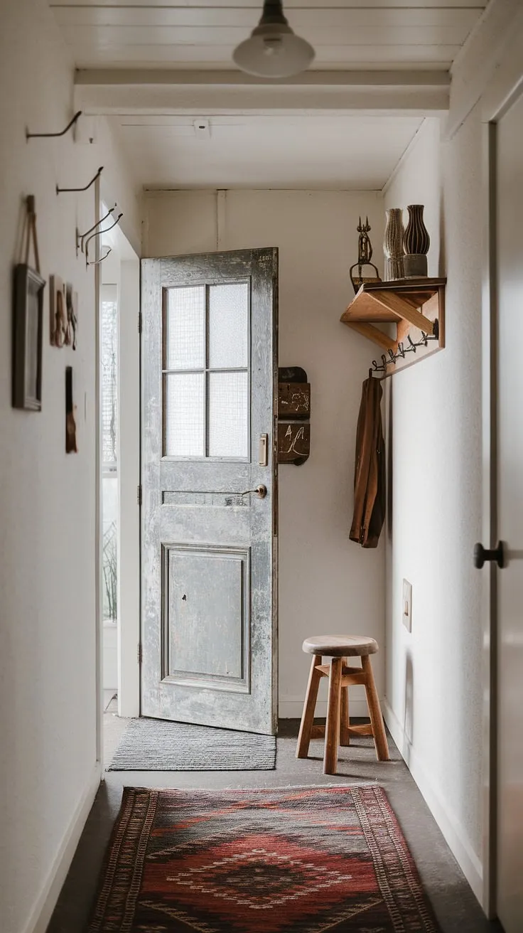 This eclectic entryway, a testament to small hallway design ingenuity, showcases a hallway transformation achieved with a vintage interior door, natural hallway decor, and a thoughtfully chosen hallway rug.  The minimalist eclectic decor creates a surprisingly spacious feel.