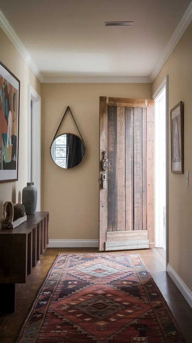 A hallway transformation doesn't require vast space. This small hallway design proves that with eclectic entryway ideas, a vintage interior door, and natural hallway decor, even a narrow entry hallway can become a stylish and welcoming focal point.  The hallway rug and minimalist eclectic decor complete the look.