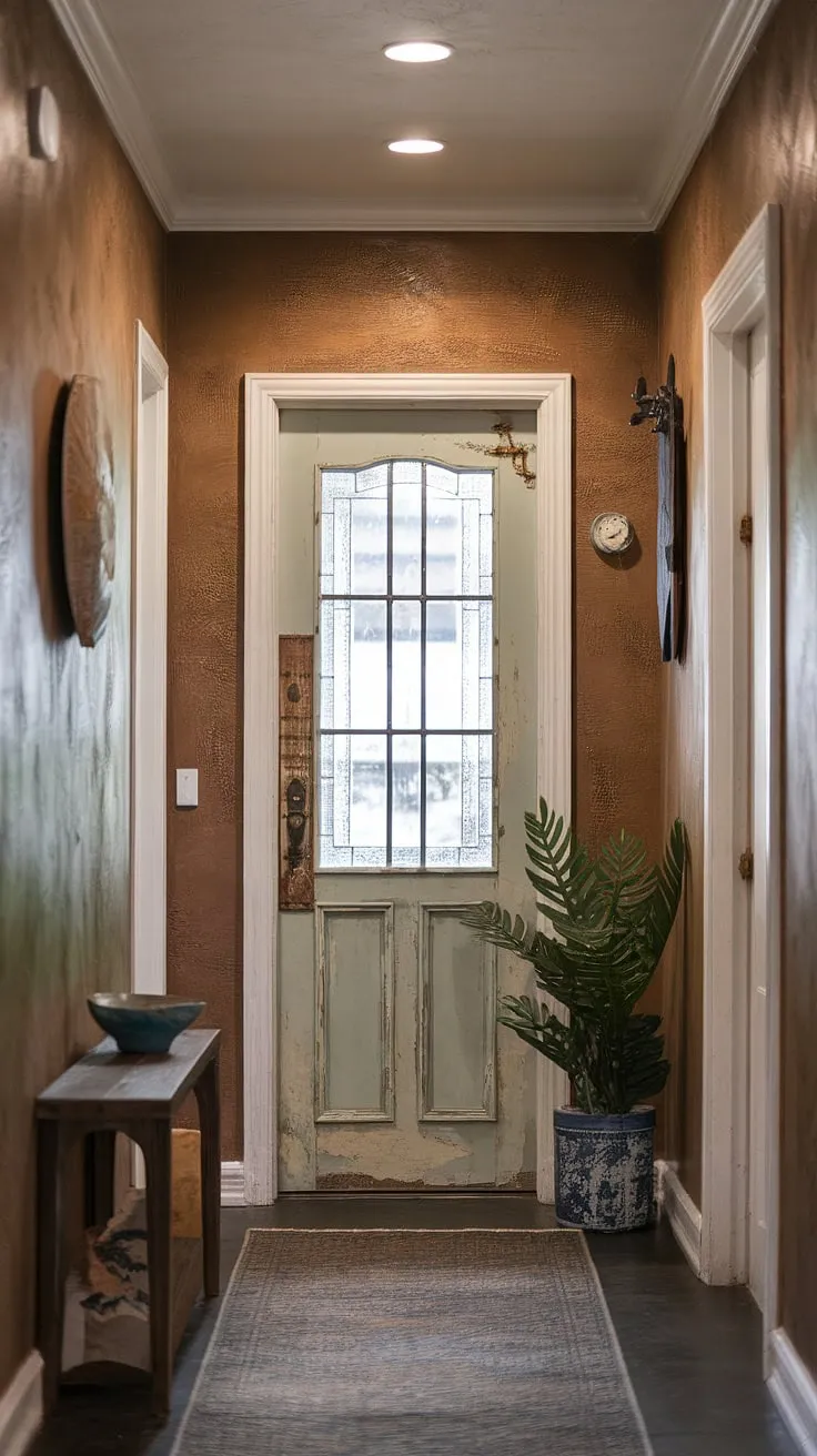 This eclectic entryway, a testament to hallway transformation, proves that even a small hallway design can boast big personality.  Vintage interior doors and a carefully chosen hallway rug anchor the minimalist eclectic decor, while natural hallway decor adds warmth and texture.  Entry hallway ideas don't get much more inspiring than this.