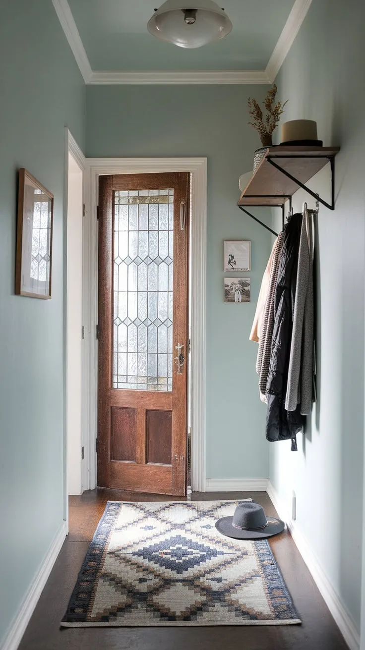 A hallway transformation doesn't require vast space. This small hallway design proves that with eclectic entryway styling, vintage interior doors, and thoughtful hallway rug ideas, even a narrow passage can become a stunning focal point.  Natural hallway decor and minimalist eclectic decor combine for an effortlessly chic eclectic hallway design.