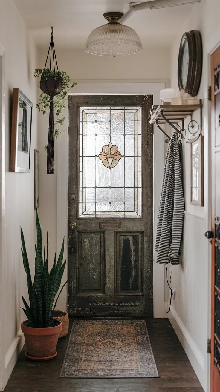 A hallway transformation doesn't require a huge space. This small hallway design showcases the power of eclectic hallway design, blending vintage interior doors with natural hallway decor for a surprisingly spacious feel.  The hallway rug ideas are simple yet effective, perfectly complementing the minimalist eclectic decor of this charming eclectic entryway.